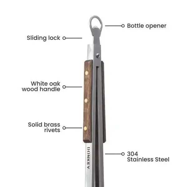 Donkey Long Tong kitchen tongs with bottle opener, white oak handle, brass rivets, stainless steel