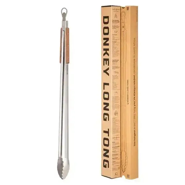 Donkey Long Tong 80cm stainless steel kitchen tongs with wooden handle and packaging, Cookin Stores