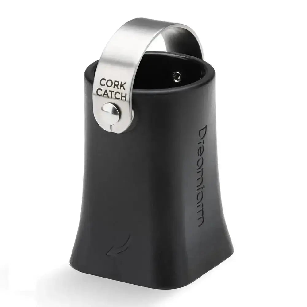 Dreamfarm Champop champagne bottle opener with Cork Catch feature, black and silver kitchenware