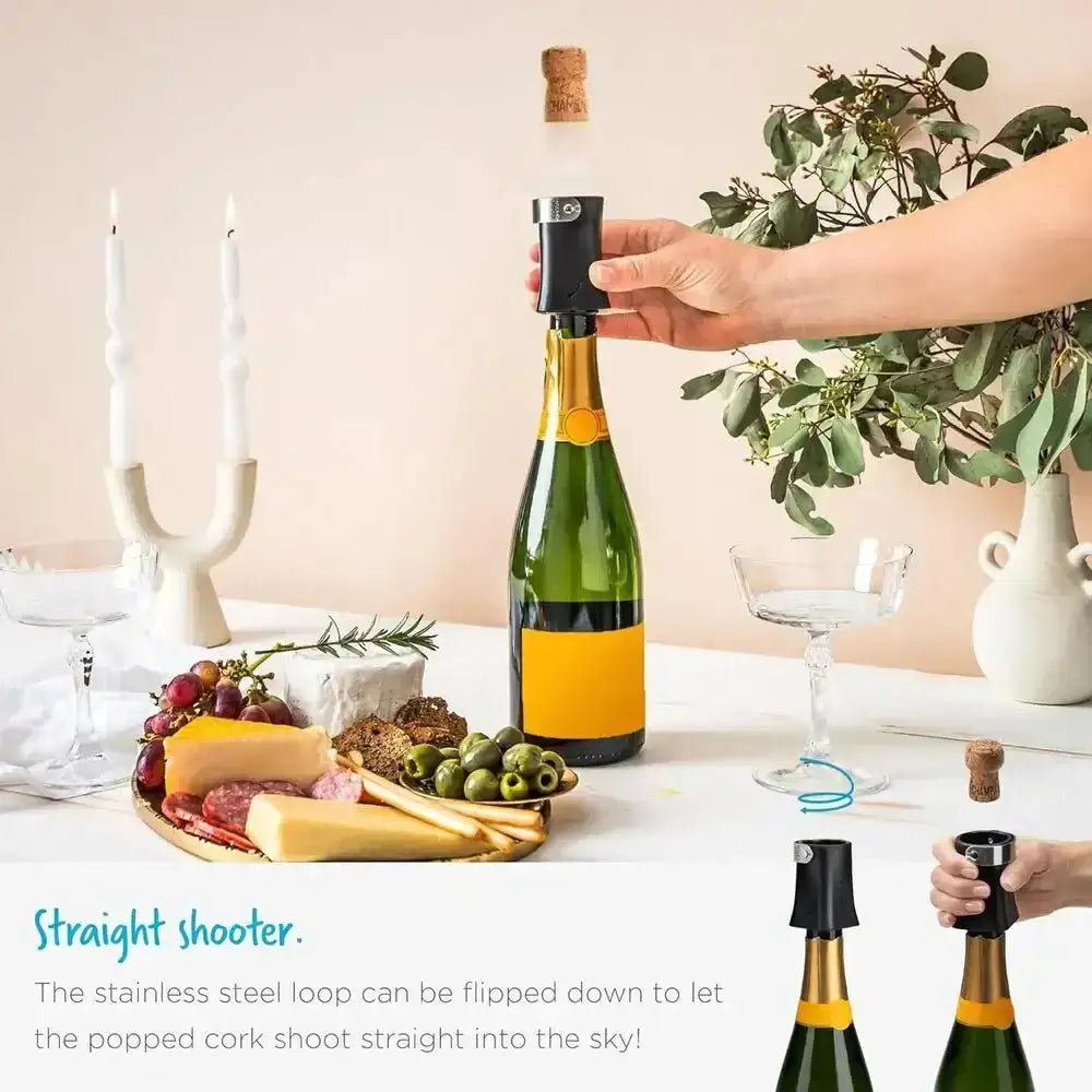 Champagne bottle opener in use on a festive table with wine, cheese, and glassware at Cookin Stores