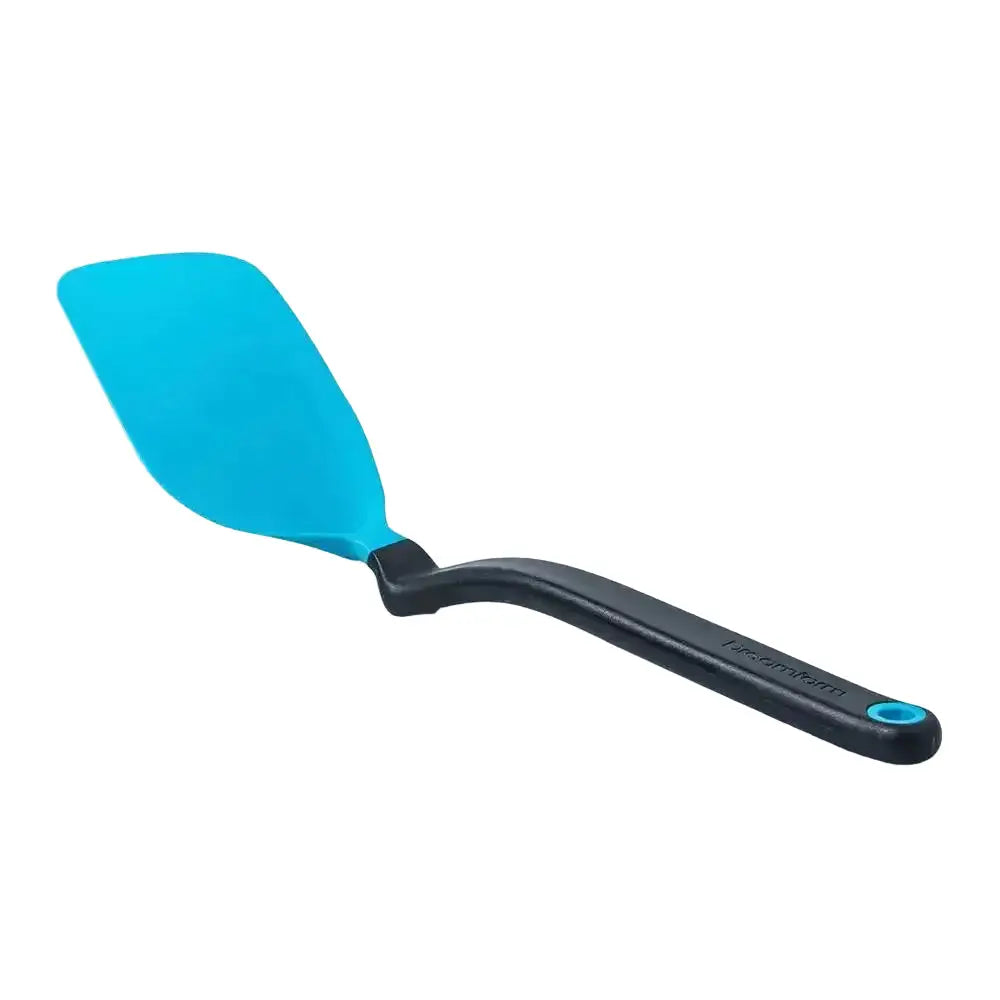 Blue kitchen spatula with angled black handle on white background