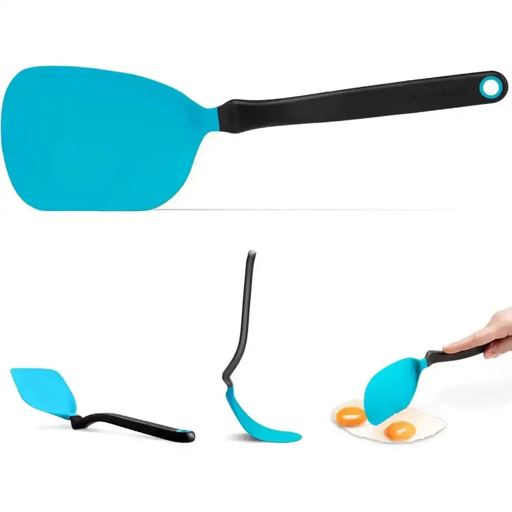 Blue silicone flexible spatula with black handle, shown flipping eggs, kitchen utensil