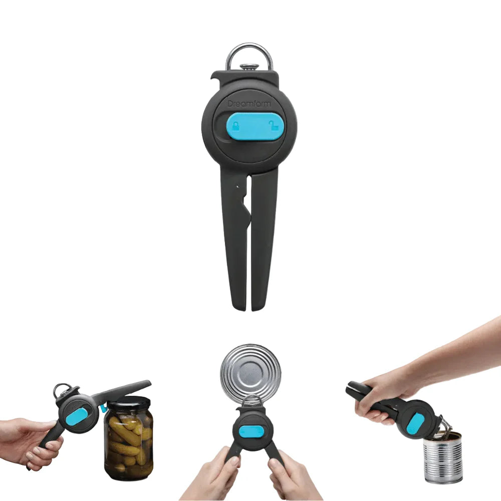 Retractable can opener being used on various cans with a white background