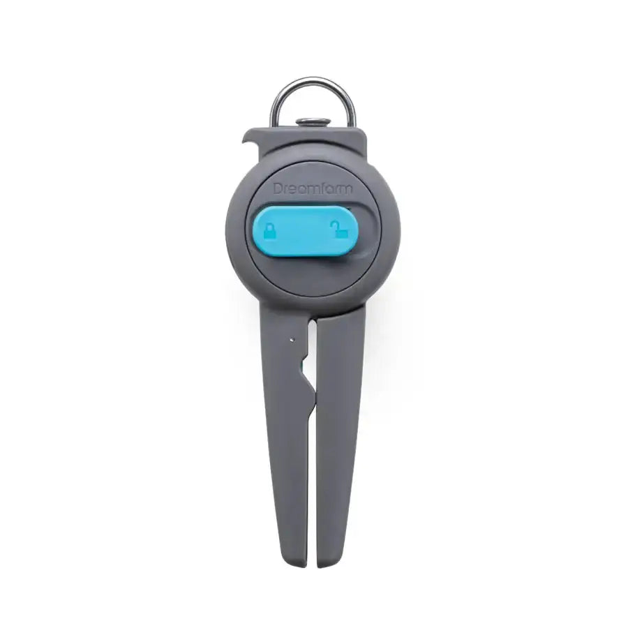 Gray and blue keychain device with a lock symbol on a white background