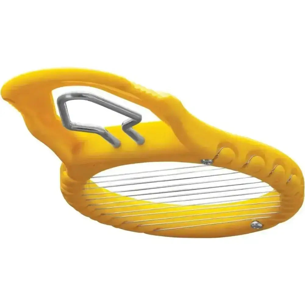 Yellow kitchen tool with metal blade on a white background