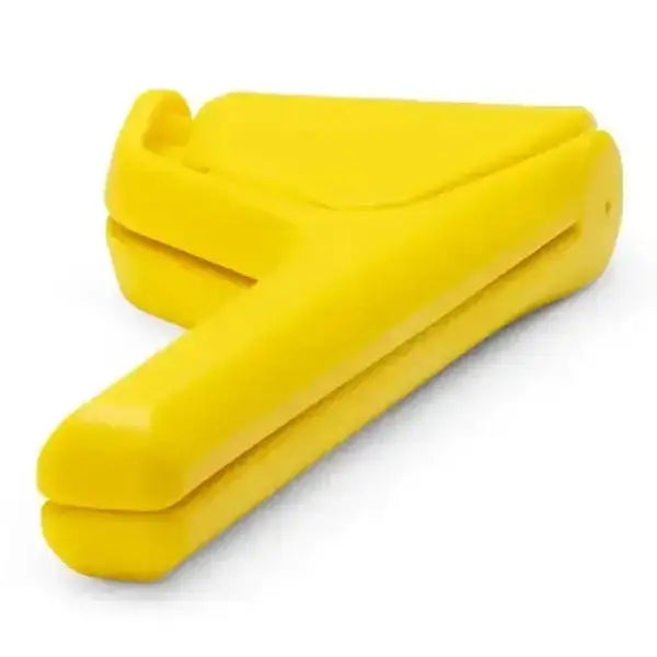 Yellow lemon juicer hand press kitchen gadget on white background, Cookin Stores premium kitchenware.