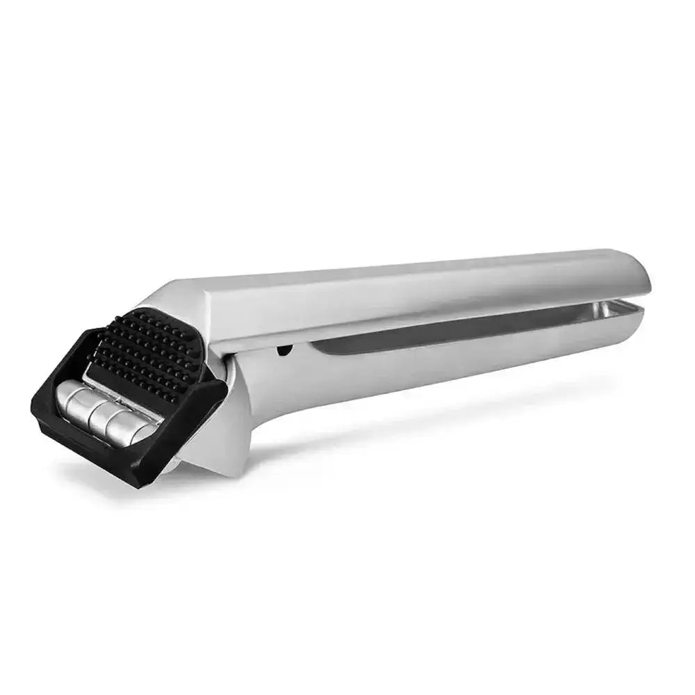 Garlic press with black handle on a white background