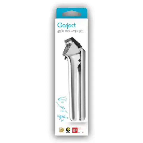 Garlic press packaging with brand name 'Garject' on a white background