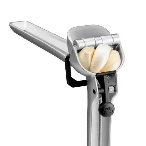 Manual vegetable peeler with two potatoes being peeled on a white background