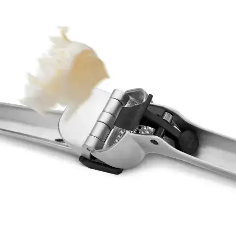 Garlic press with a clove of garlic on a white background