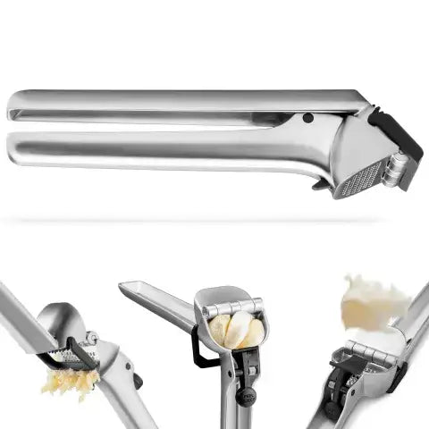 Garlic press with garlic being crushed on a white background