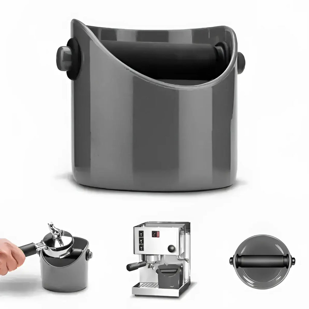 Gray cylindrical container with a handle, used with a coffee maker on a white background