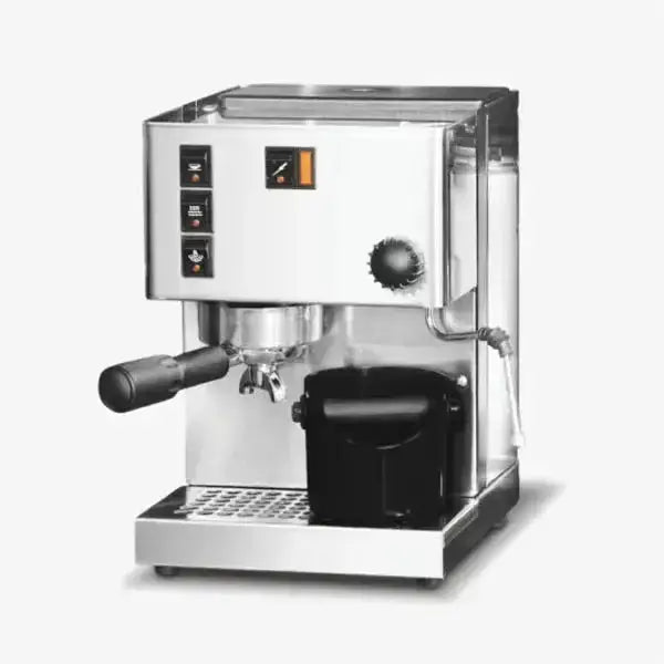 Stainless steel espresso machine on a white background