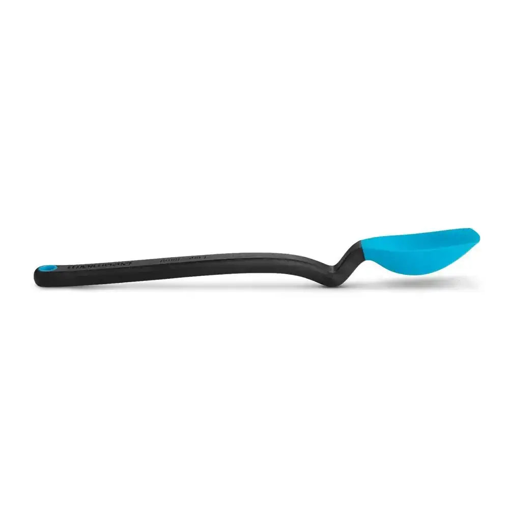 Spatula with black handle and blue head on a white background