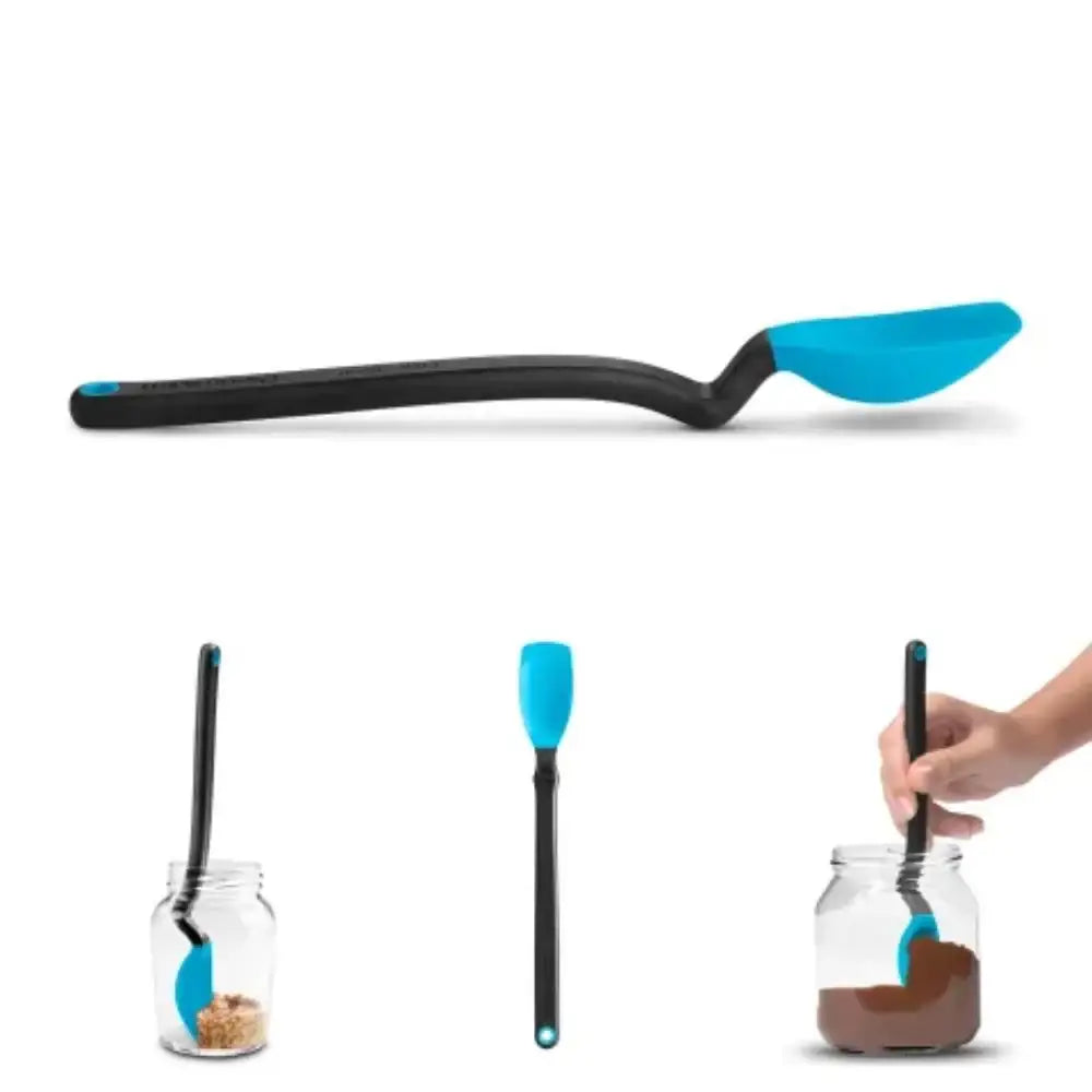 Spatula with blue end and black handle, used to scoop contents from a jar on a white background