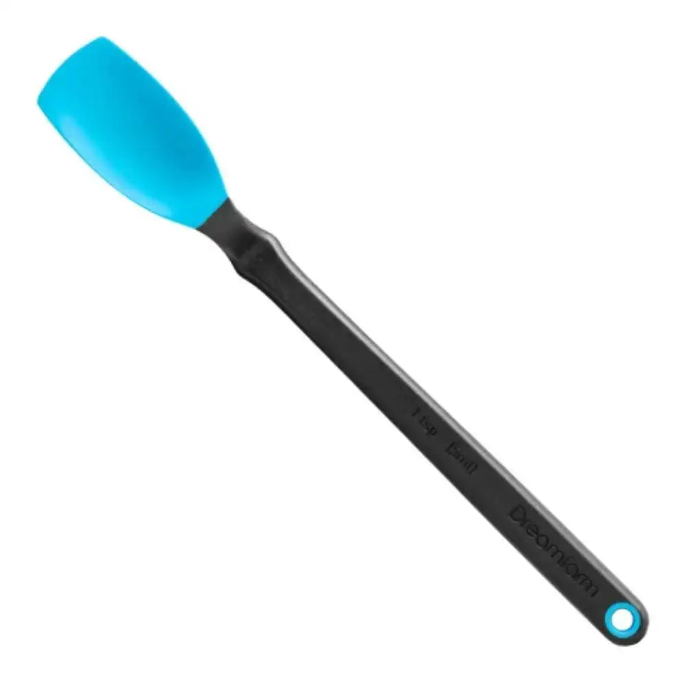 Silicone spatula with blue head and black handle on a white background