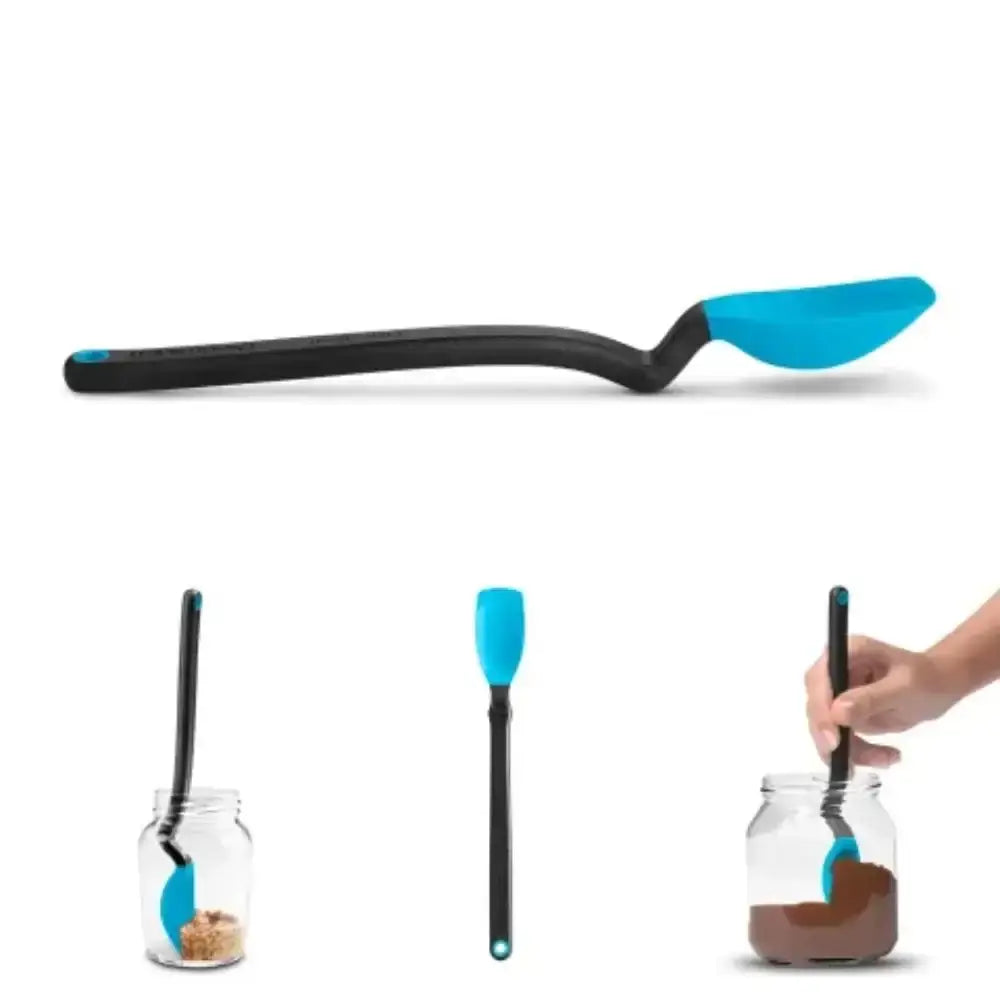 Spatula with blue end and black handle, used to scoop contents from a jar on a white background