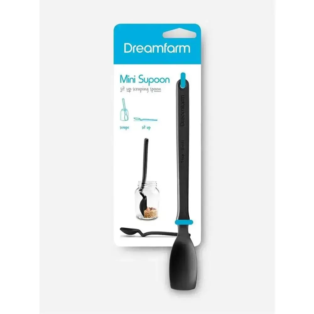 Black mini spoon with packaging labeled 'Dreamfarm' on a white background