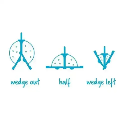 Cheese cutting guide showing wedge out, half, and wedge left methods, Cookin Stores kitchenware.