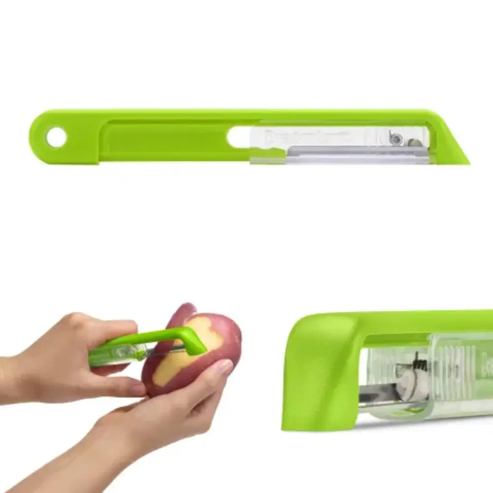 Green apple peeler being used on an apple with a white background