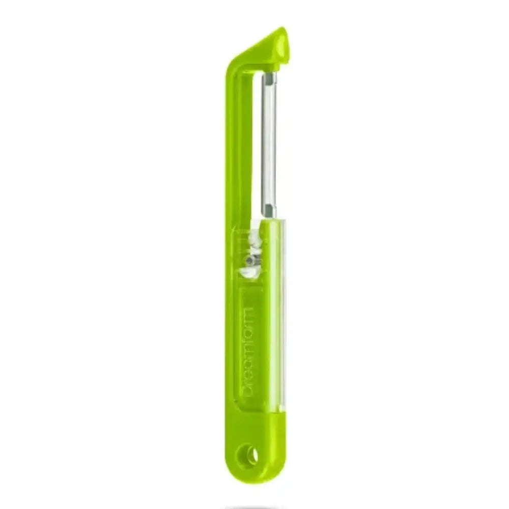 Green vegetable peeler on a white background