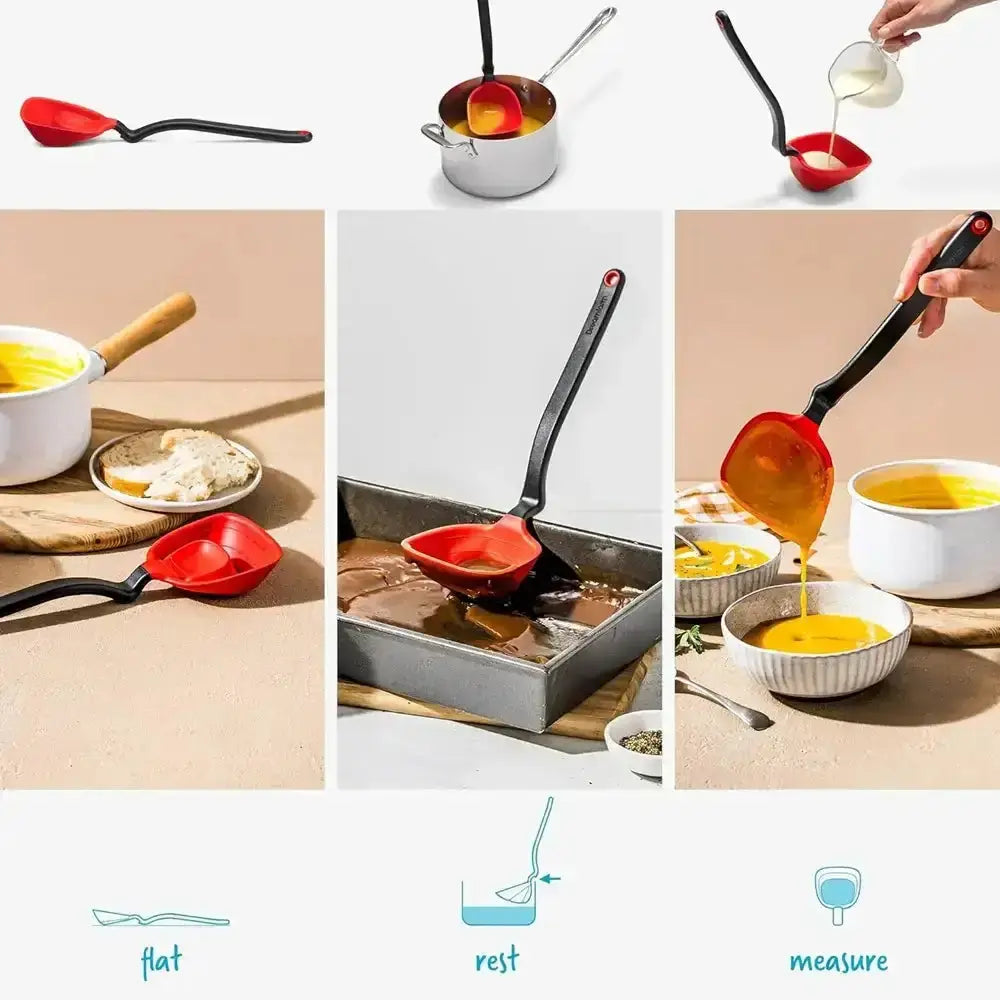 Collage of a red ladle with black handle used for cooking tasks on a neutral background.