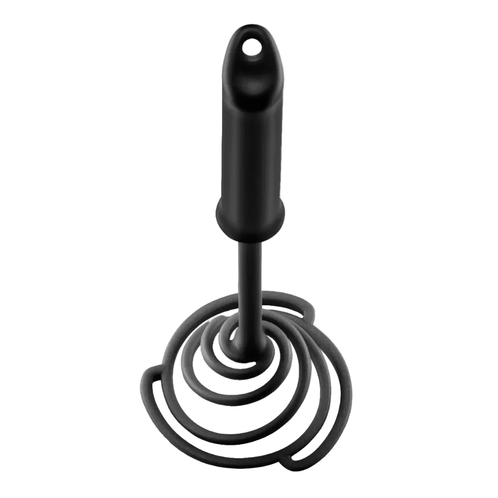 Black silicone masher on a white background
