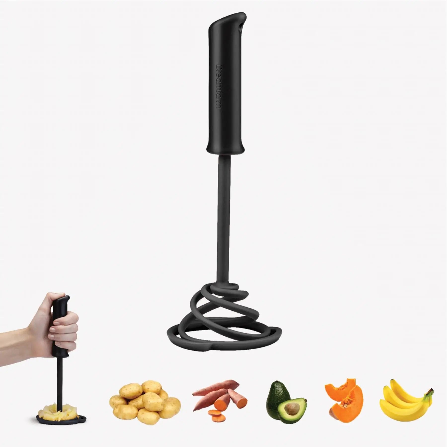 Black masher with a hand holding it, surrounded by vegetables and fruits on a white background