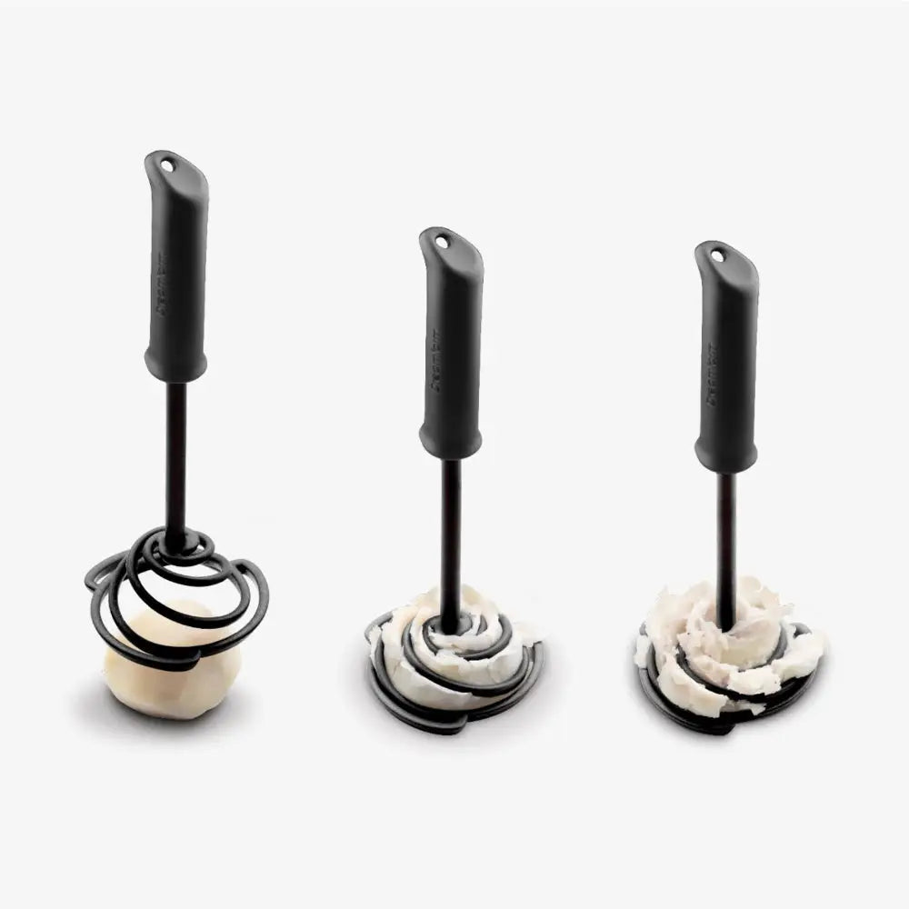 Three mashers with black handles in various stages of mashing on a white background