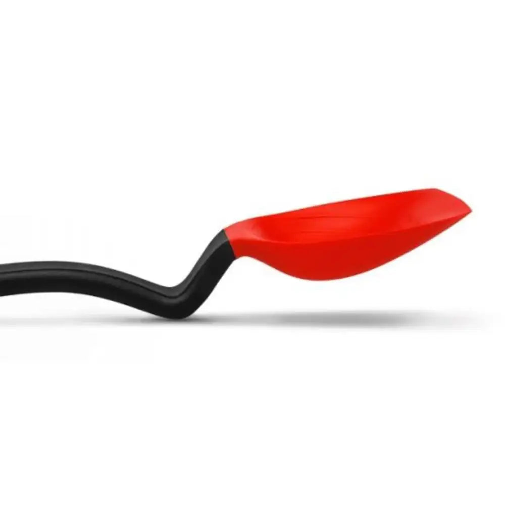 Red spoon with black handle on a white background