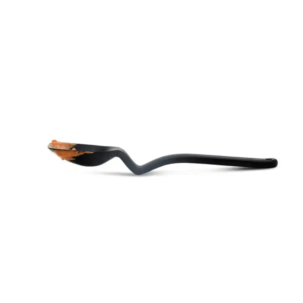 Black supoon with mess on front on a white background