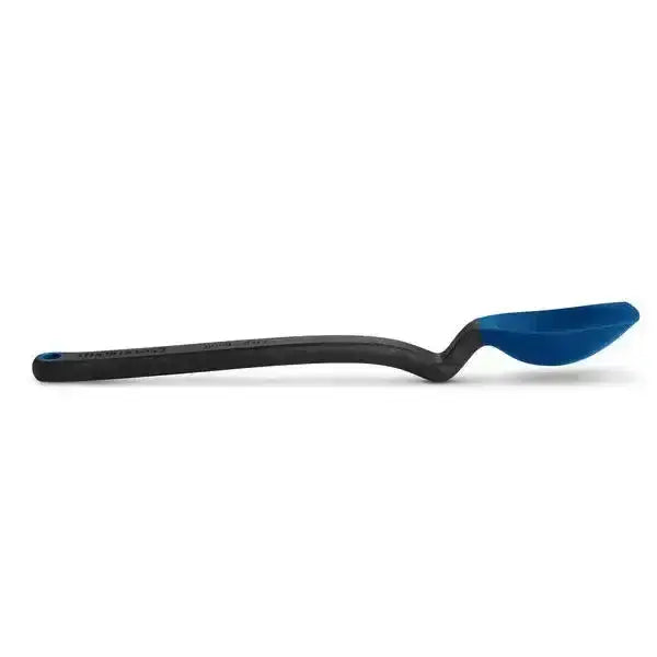 Blue silicone scraping spoon with curved black handle on white background