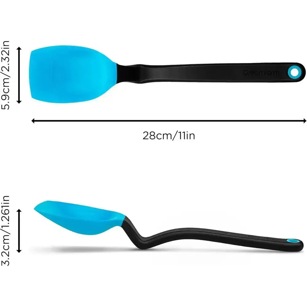 Blue silicone kitchen spatula with black handle, 28cm length, isolated on white background