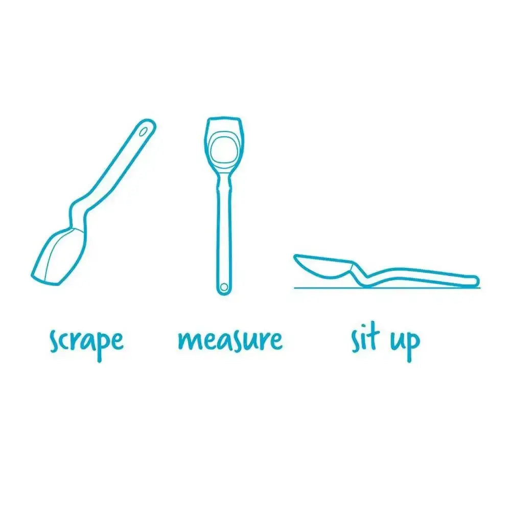 Three kitchen utensils with labels 'scrape', 'measure', and 'sit up' on a white background.