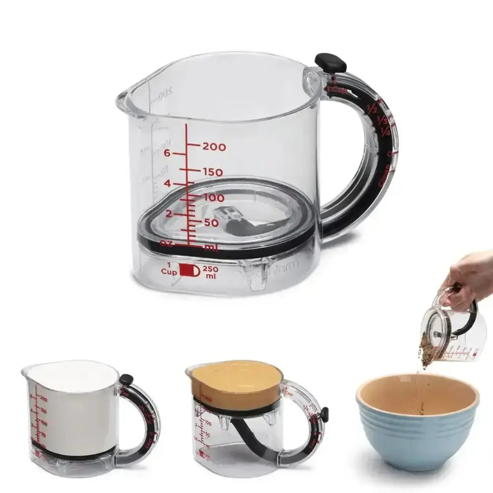 Set of measuring cups with different designs and capacities on a white background