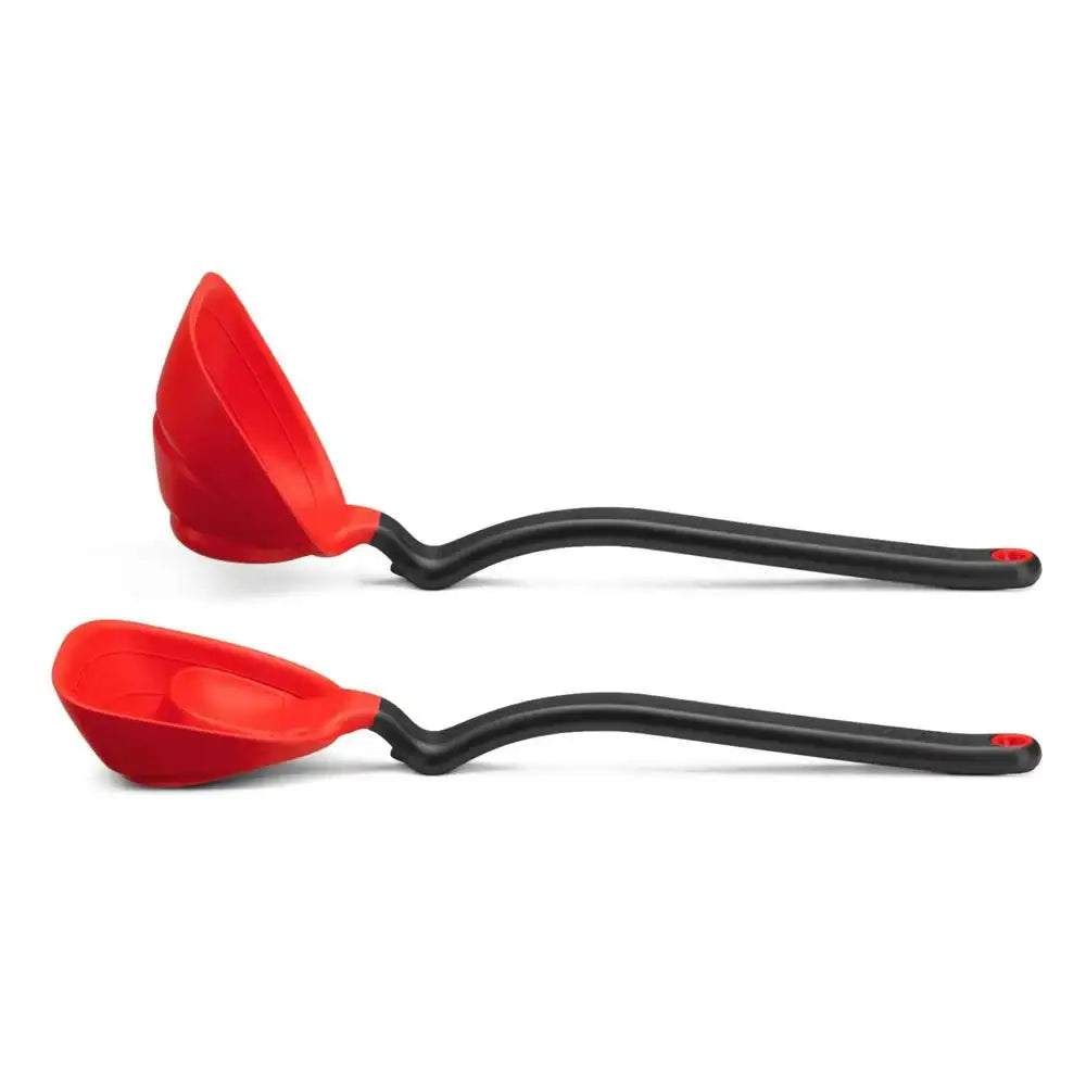Two red scoops with black handles on a white background
