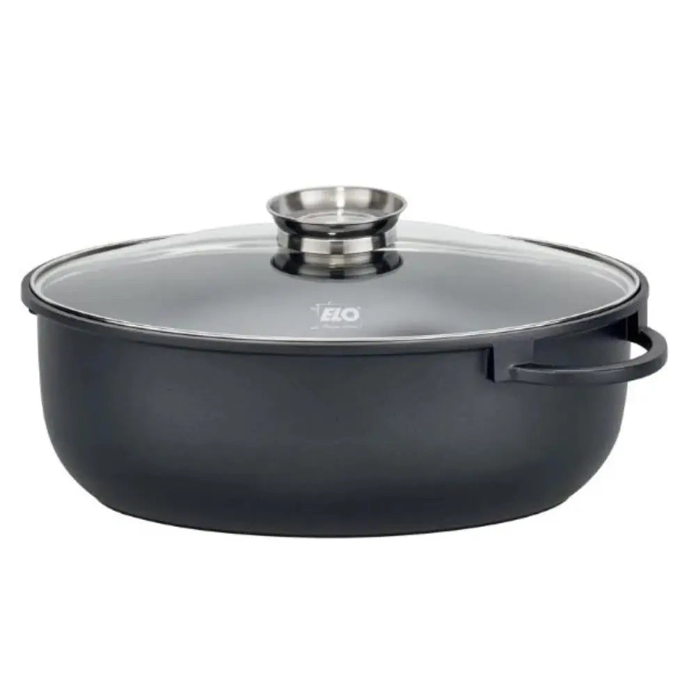 Black cookware pot with glass lid on a white background