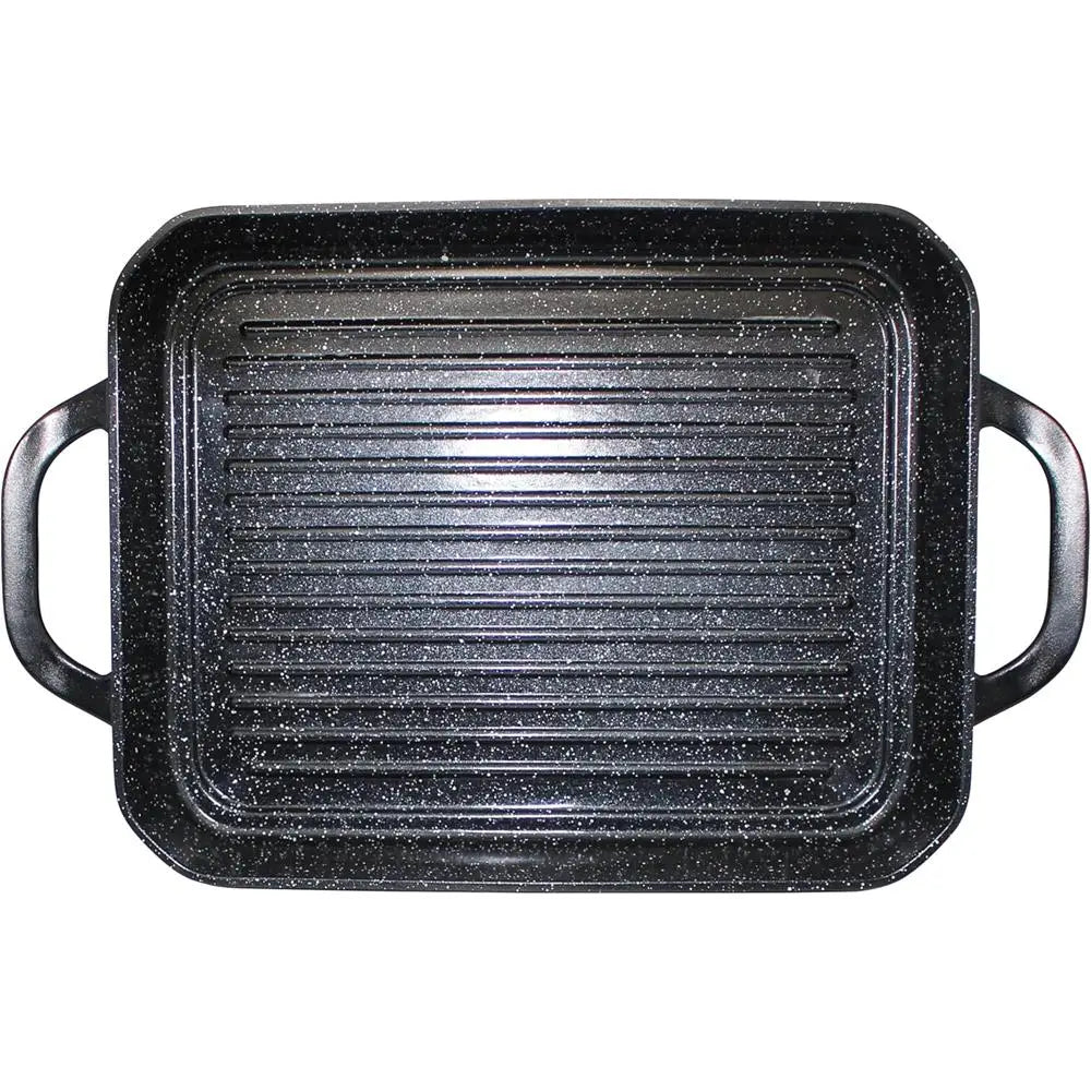 Black rectangular grill pan with handles on a white background