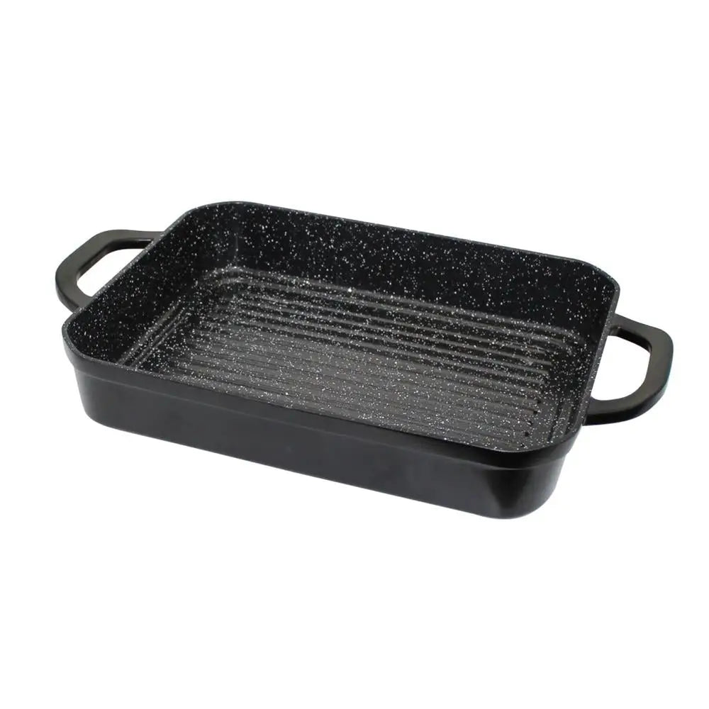 Black speckled rectangular baking dish on a white background