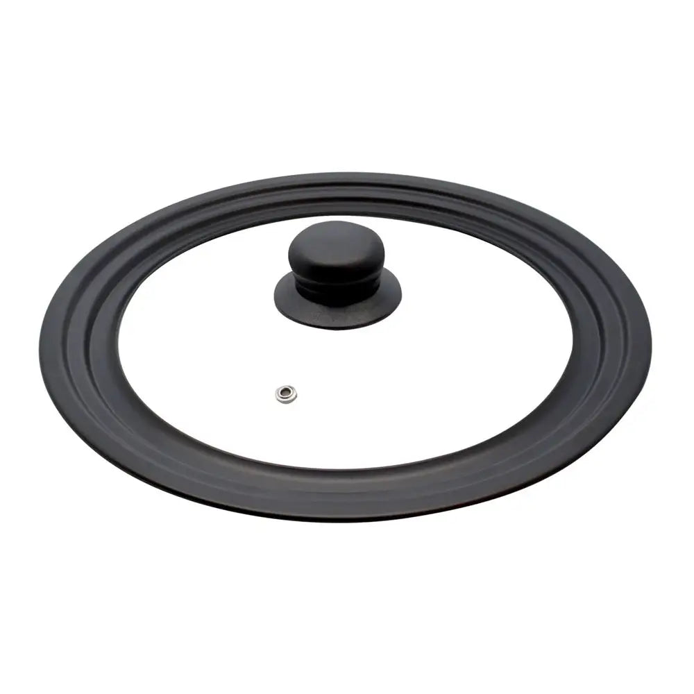 Elo universal glass lid for pots and pans with tempered black glass, matte black handle, and silicone rim