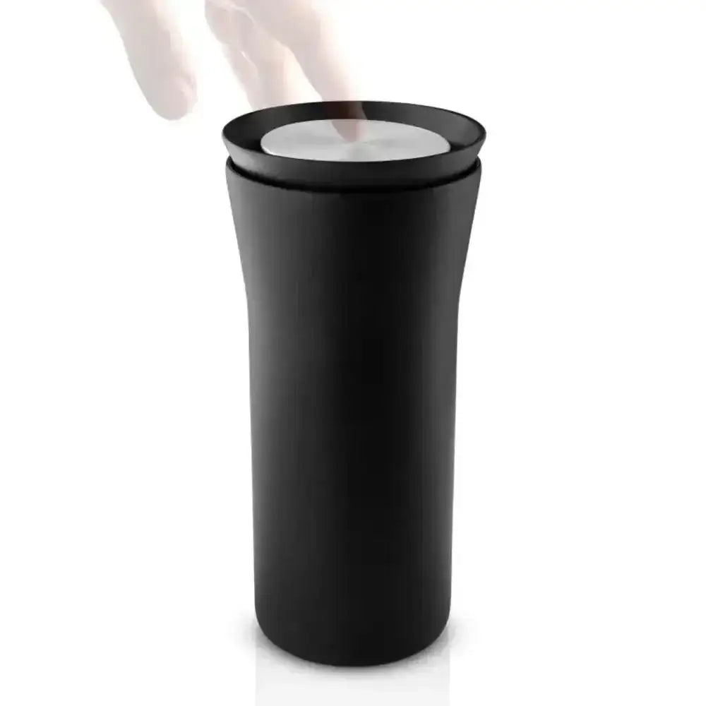 Eva Solo City To Go Cup 350ml black travel mug with touch lid on white background, Cookin Stores kitchenware