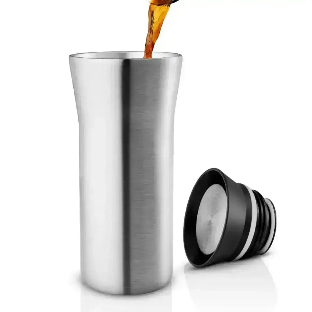 Eva Solo City To Go Cup 350ml stainless steel travel mug with open lid, coffee pouring, Cookin Stores