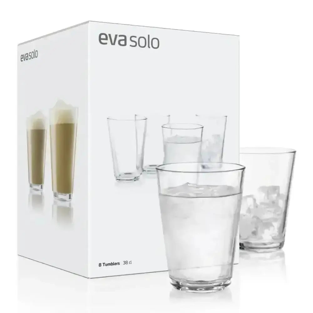 Eva Solo tumblers set of 8 clear glasses, 350ml, shown with box on white background at Cookin Stores