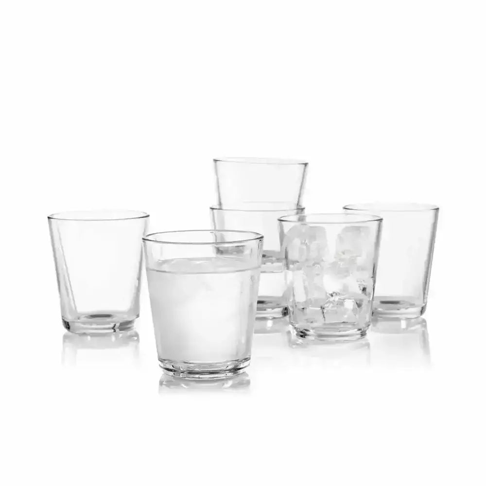 Set of 6 Eva Solo clear drinking tumblers, 250ml, with water and ice, on white background.