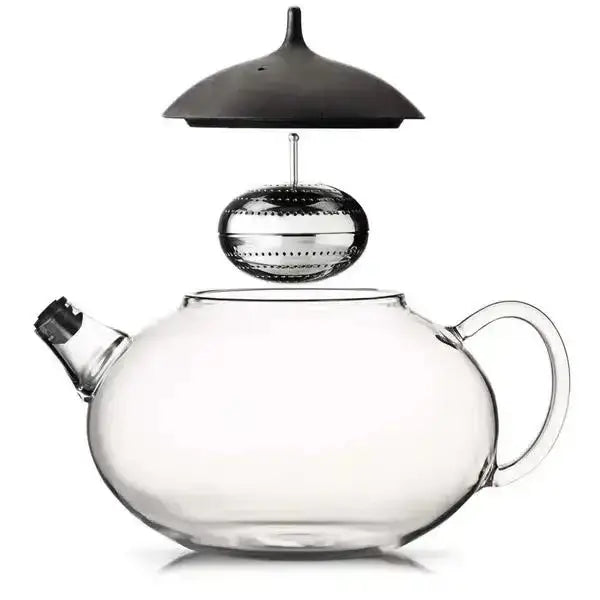 Clear glass teapot with stainless steel infuser and black lid, premium kitchenware at Cookin Stores