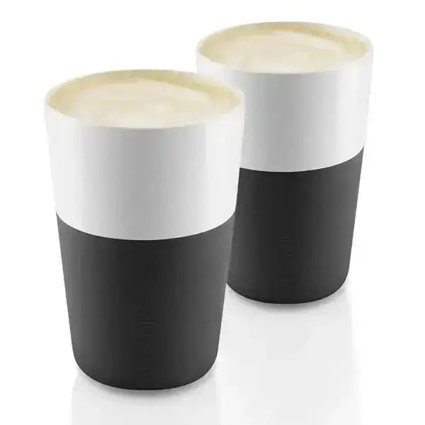 Two modern black and white latte cups with foam, premium kitchenware at Cookin Stores