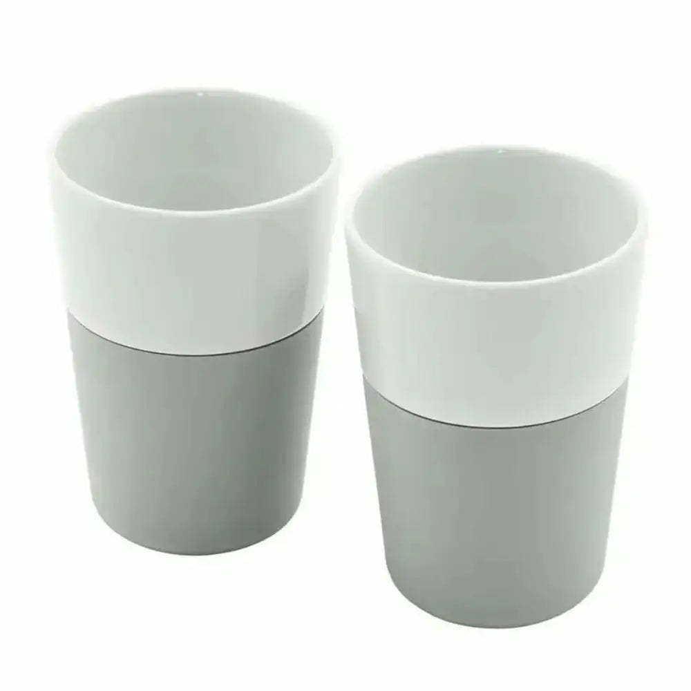 Two gray and white ceramic cups on a white background