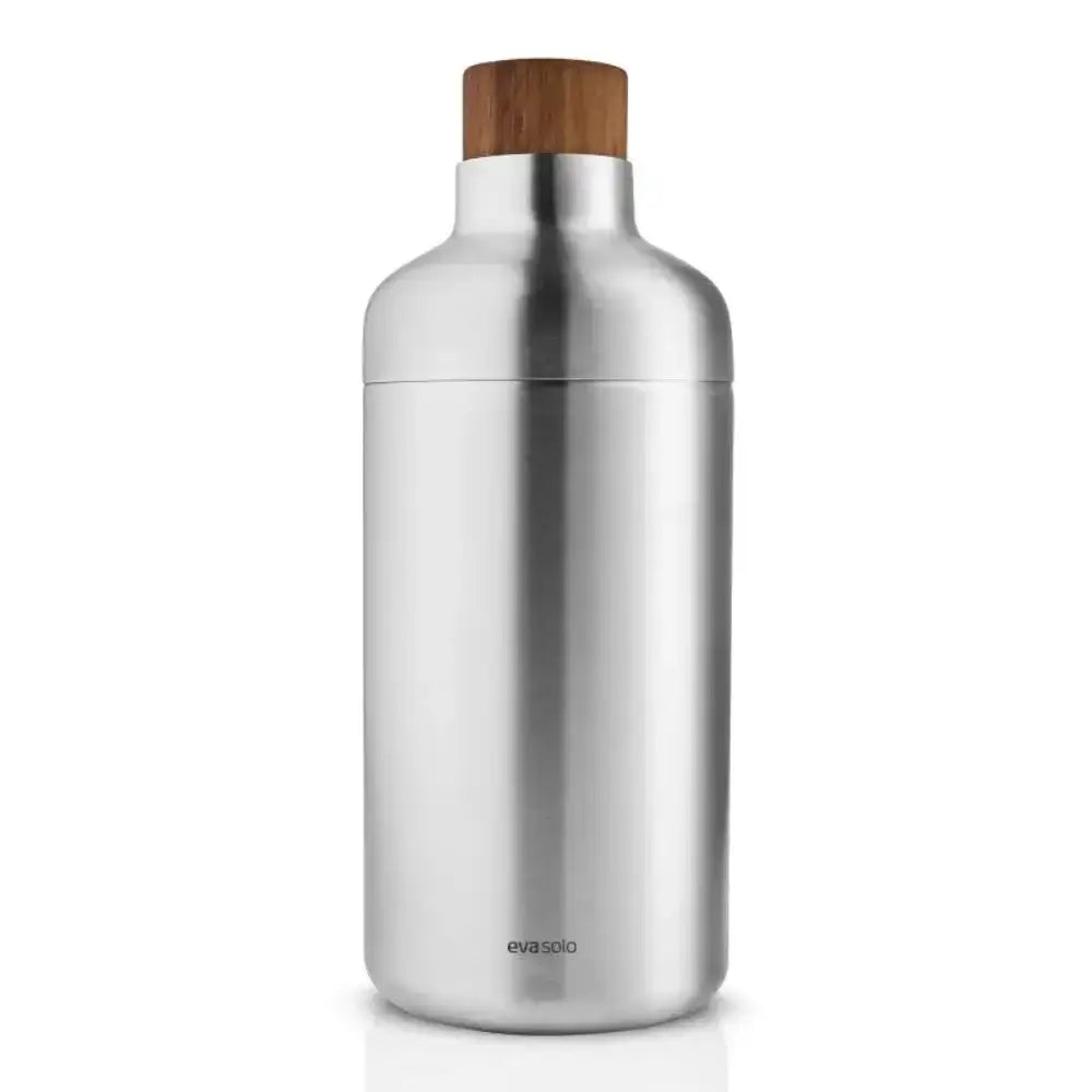 Stainless steel bottle with wooden cap on a white background