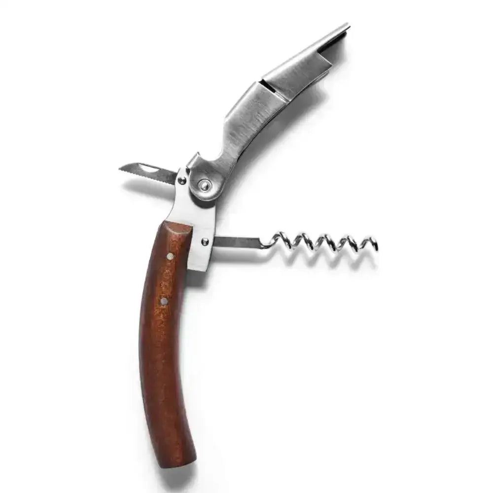 Stainless steel and wood waiter's corkscrew with foil cutter from Cookin Stores kitchenware.