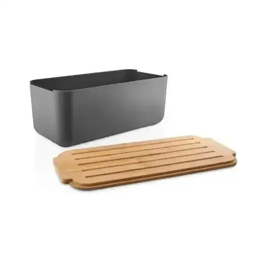 Gray rectangular container and wooden cutting board on a white background